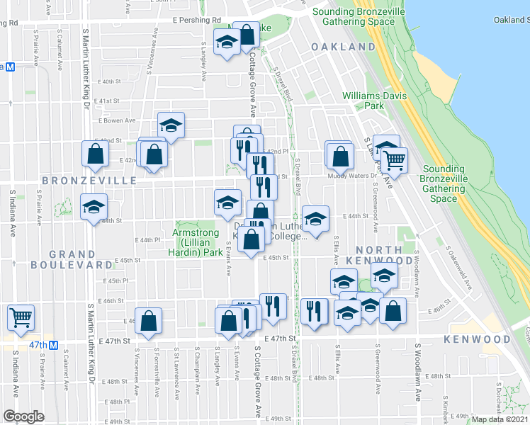 map of restaurants, bars, coffee shops, grocery stores, and more near 4355 South Cottage Grove Avenue in Chicago