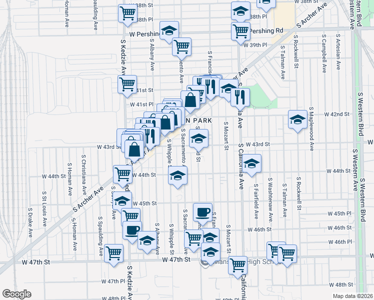 map of restaurants, bars, coffee shops, grocery stores, and more near 4259 South Sacramento Avenue in Chicago