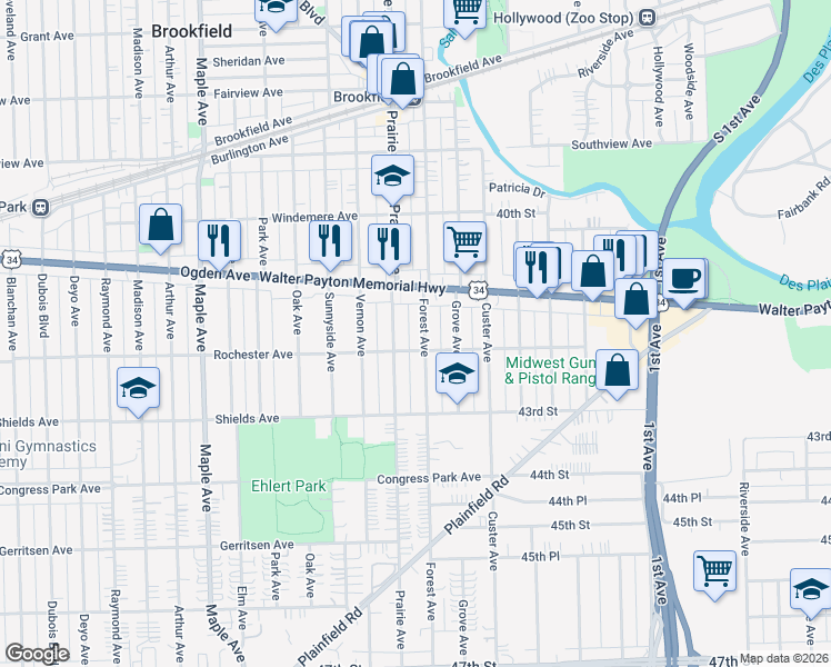 map of restaurants, bars, coffee shops, grocery stores, and more near 4132 Forest Avenue in Brookfield