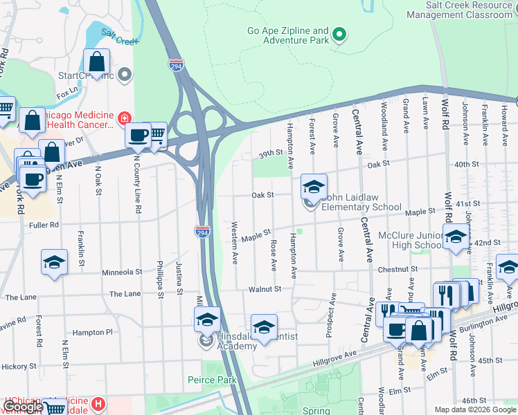 map of restaurants, bars, coffee shops, grocery stores, and more near 1441 Oak Street in Western Springs