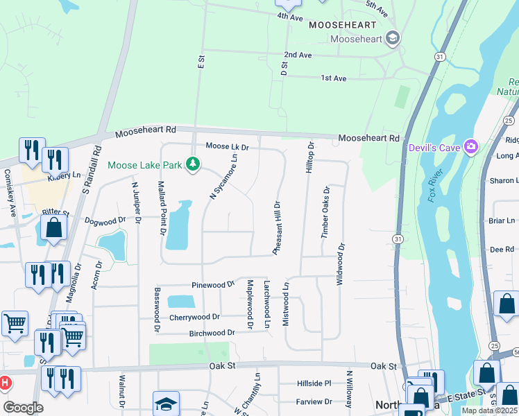 map of restaurants, bars, coffee shops, grocery stores, and more near 439 Prairie Ridge Lane in North Aurora