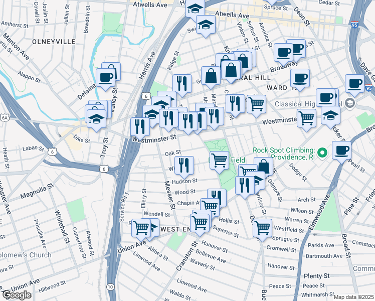 map of restaurants, bars, coffee shops, grocery stores, and more near 43 Oak Street in Providence