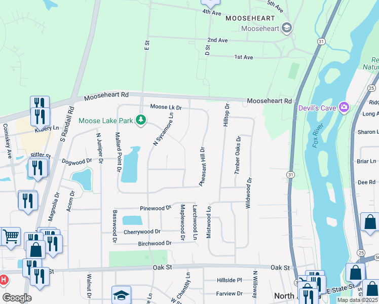 map of restaurants, bars, coffee shops, grocery stores, and more near 439 Prairie Ridge Lane in North Aurora