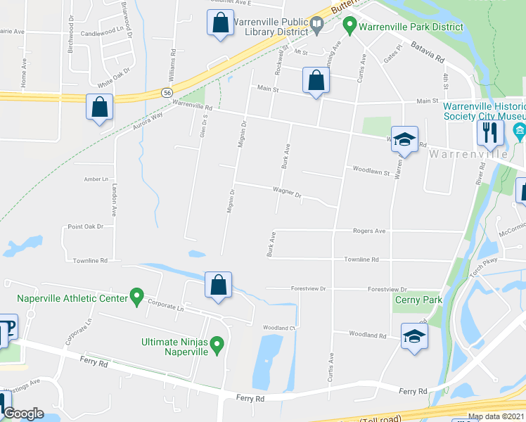 map of restaurants, bars, coffee shops, grocery stores, and more near 3S701 Mignin Drive in Warrenville