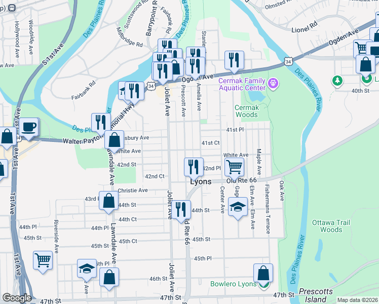 map of restaurants, bars, coffee shops, grocery stores, and more near 4147 Prescott Avenue in Lyons