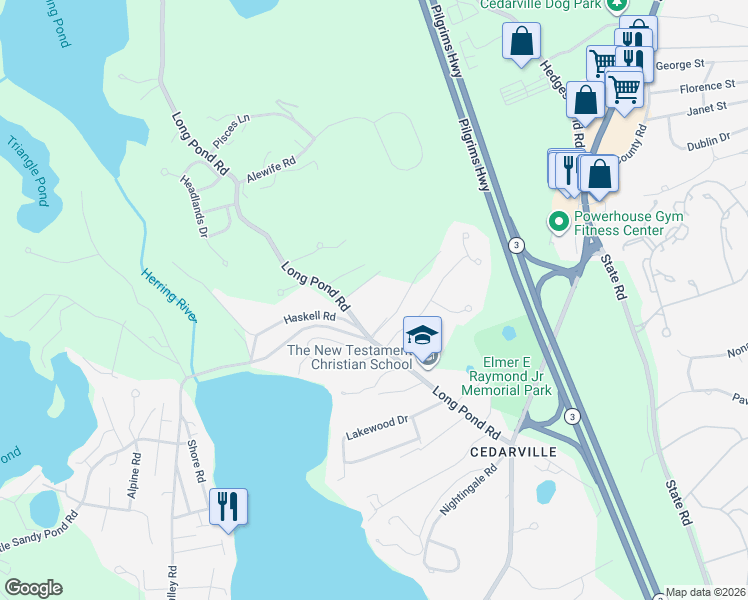 map of restaurants, bars, coffee shops, grocery stores, and more near 1096 Long Pond Road in Plymouth