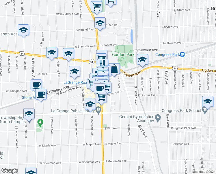 map of restaurants, bars, coffee shops, grocery stores, and more near 20 6th Avenue in La Grange