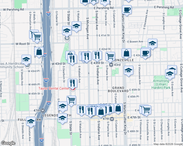 map of restaurants, bars, coffee shops, grocery stores, and more near 4343 South Michigan Avenue in Chicago