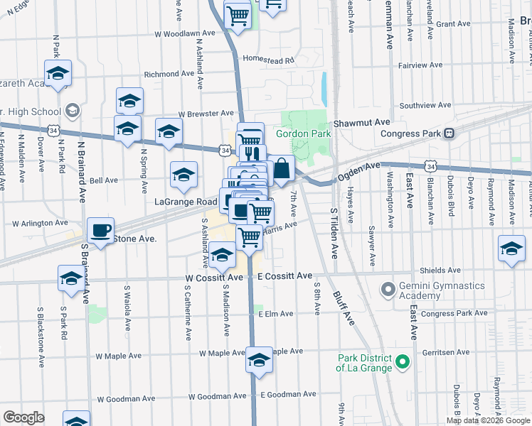map of restaurants, bars, coffee shops, grocery stores, and more near 20 6th Avenue in La Grange