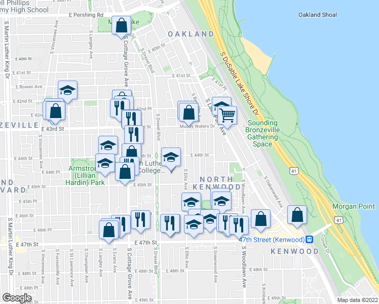 map of restaurants, bars, coffee shops, grocery stores, and more near 4337 South Ellis Avenue in Chicago