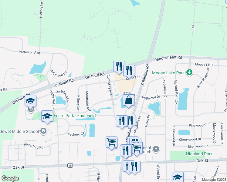 map of restaurants, bars, coffee shops, grocery stores, and more near 1263 Comiskey Avenue in North Aurora
