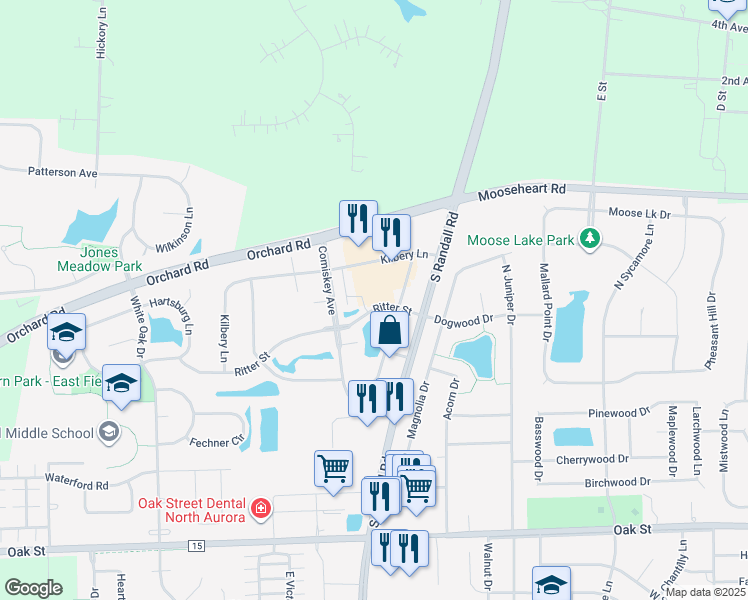 map of restaurants, bars, coffee shops, grocery stores, and more near 1215 Ritter Street in North Aurora