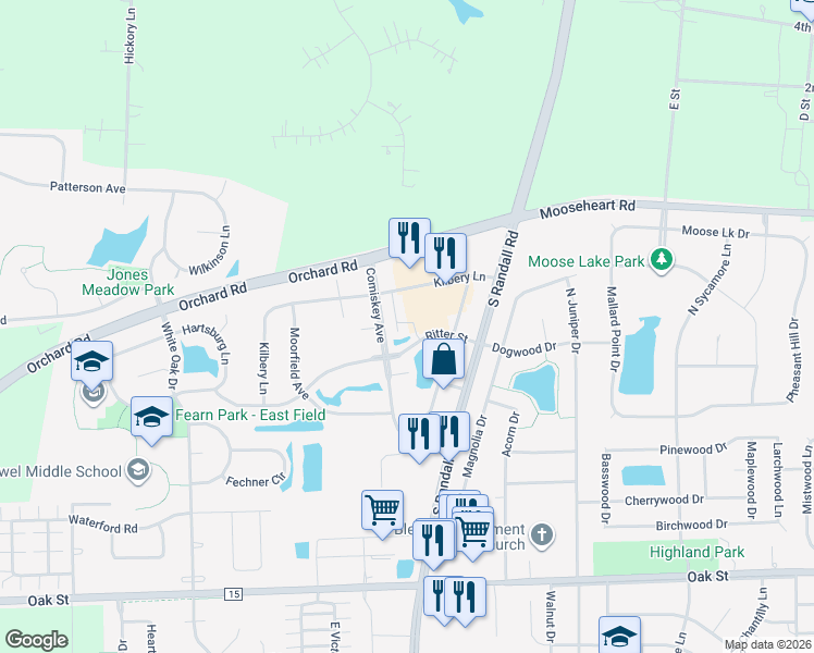 map of restaurants, bars, coffee shops, grocery stores, and more near 1215 Ritter Street in North Aurora