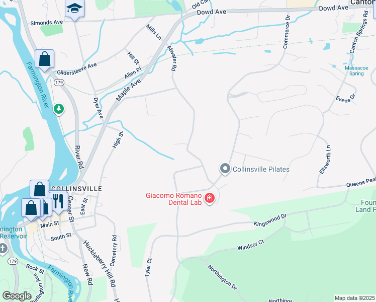 map of restaurants, bars, coffee shops, grocery stores, and more near 58 Atwater Road in Canton