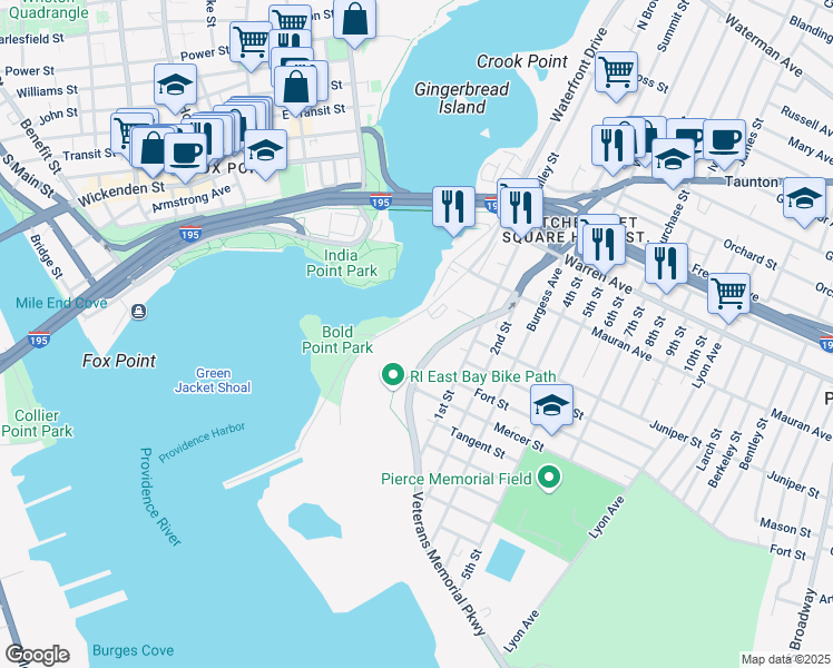 map of restaurants, bars, coffee shops, grocery stores, and more near 500 Waterfront Drive in East Providence