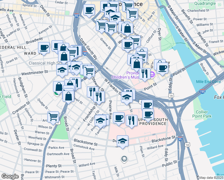 map of restaurants, bars, coffee shops, grocery stores, and more near 43 Maple Street in Providence