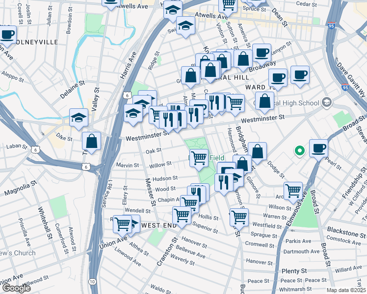 map of restaurants, bars, coffee shops, grocery stores, and more near 25 Parade Street in Providence