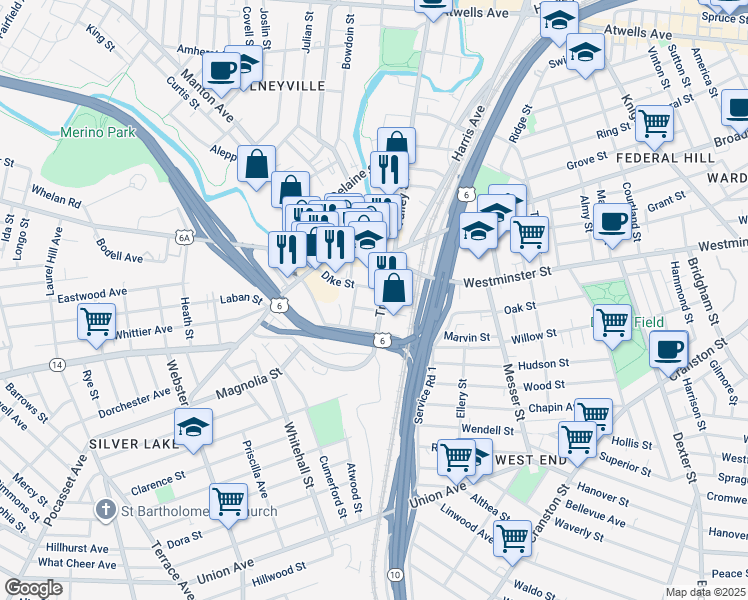 map of restaurants, bars, coffee shops, grocery stores, and more near 66 Dike Street in Providence