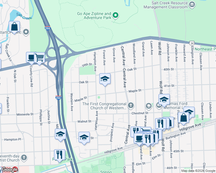 map of restaurants, bars, coffee shops, grocery stores, and more near 4058 Forest Avenue in Western Springs