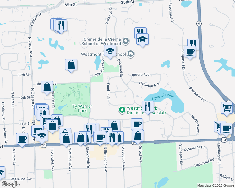 map of restaurants, bars, coffee shops, grocery stores, and more near 427 Monticello Avenue in Westmont