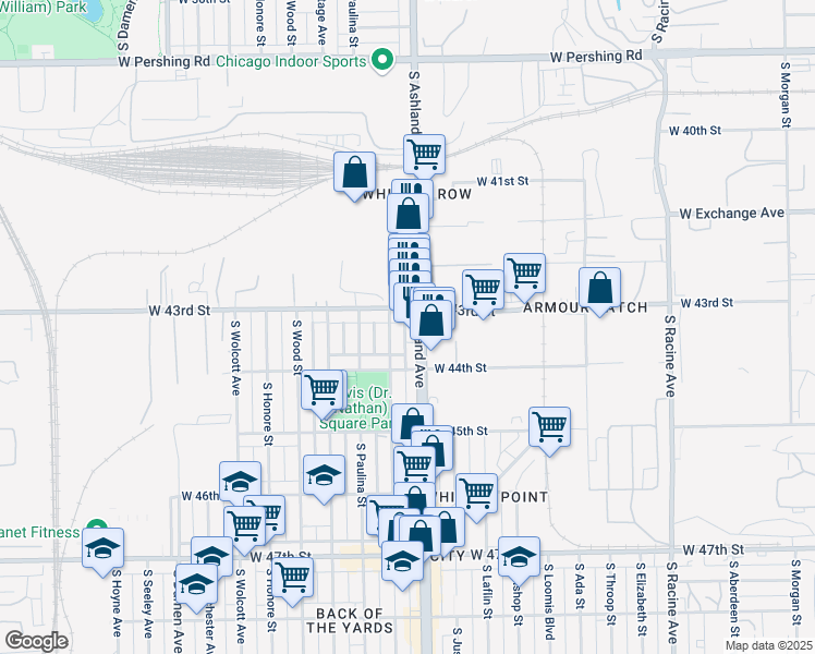 map of restaurants, bars, coffee shops, grocery stores, and more near 1617 West 43rd Street in Chicago