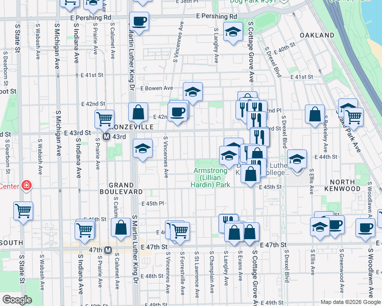 map of restaurants, bars, coffee shops, grocery stores, and more near 4340 South Saint Lawrence Avenue in Chicago