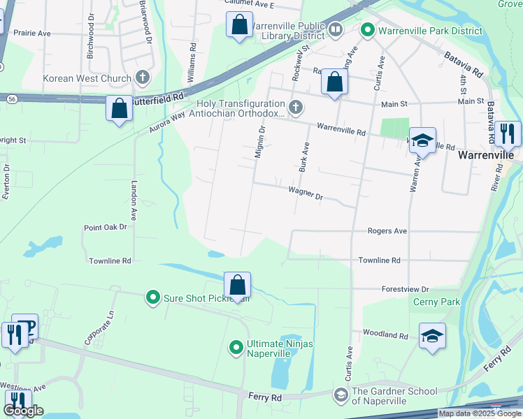 map of restaurants, bars, coffee shops, grocery stores, and more near 3S701 Mignin Drive in Warrenville