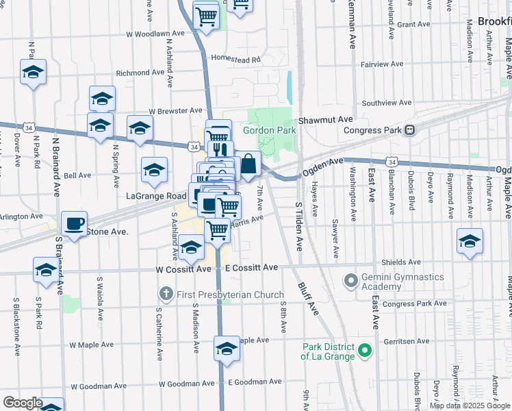 map of restaurants, bars, coffee shops, grocery stores, and more near 23 7th Avenue in La Grange