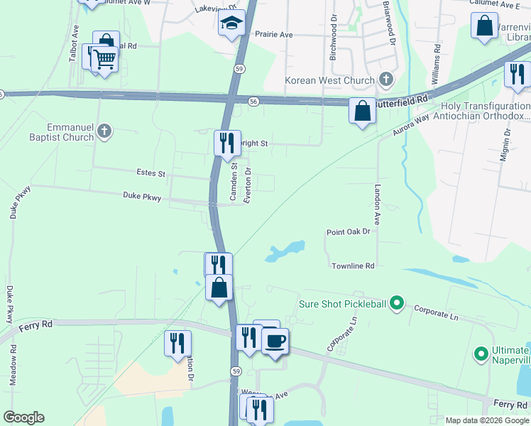 map of restaurants, bars, coffee shops, grocery stores, and more near Illinois Prairie Path Trail in Warrenville