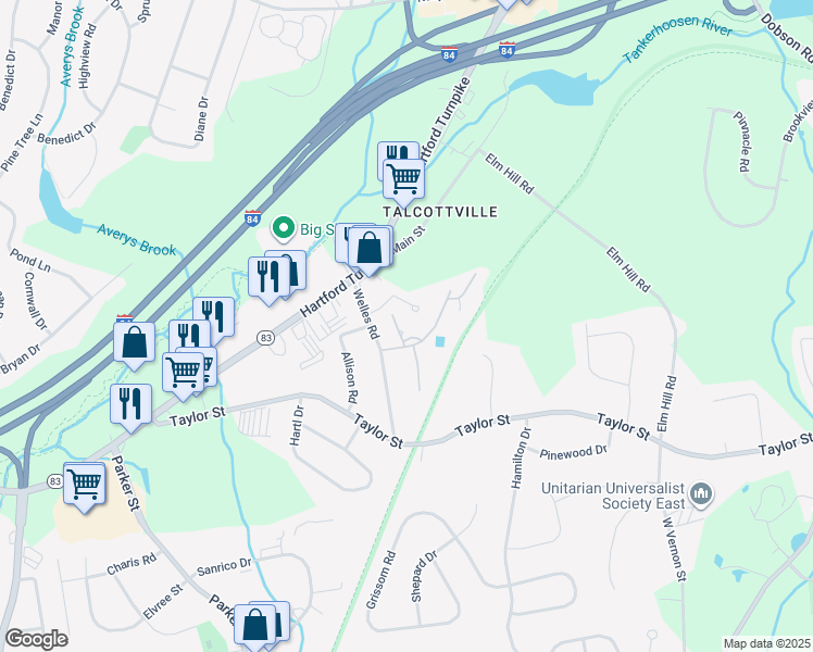 map of restaurants, bars, coffee shops, grocery stores, and more near 46 Welles Road in Vernon