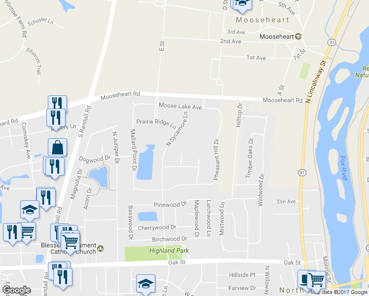 map of restaurants, bars, coffee shops, grocery stores, and more near 487 Mount Court in North Aurora
