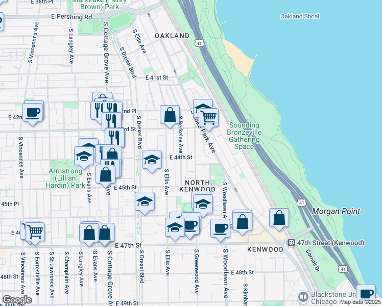 map of restaurants, bars, coffee shops, grocery stores, and more near 4354 South Greenwood Avenue in Chicago