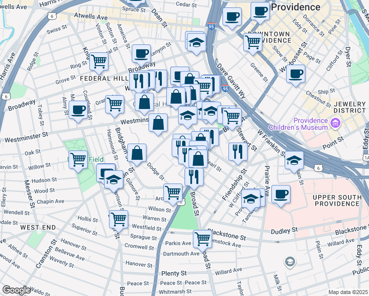 map of restaurants, bars, coffee shops, grocery stores, and more near 108 Perkins Street in Providence