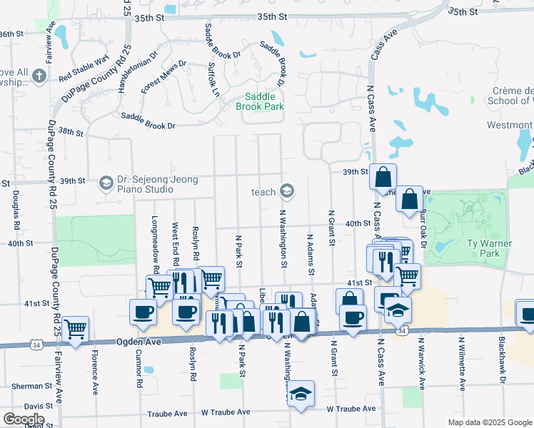 map of restaurants, bars, coffee shops, grocery stores, and more near 3922 North Washington Street in Westmont
