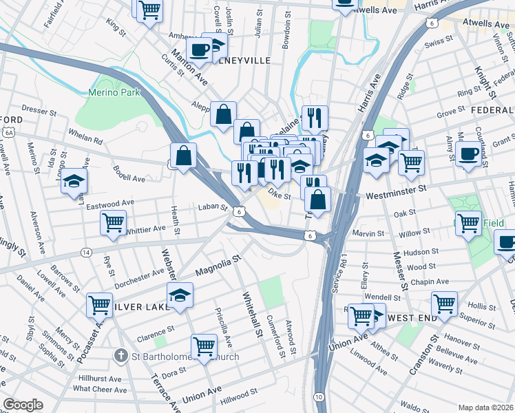 map of restaurants, bars, coffee shops, grocery stores, and more near 17 Atwood Street in Providence