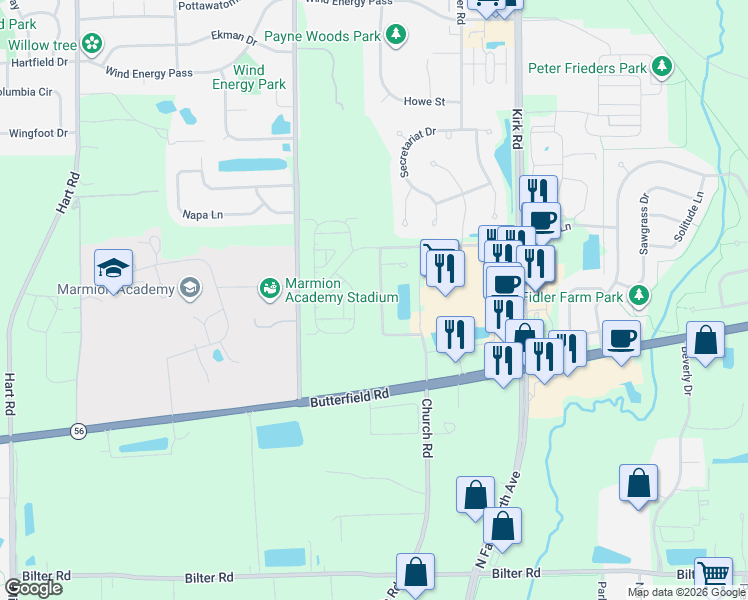 map of restaurants, bars, coffee shops, grocery stores, and more near 2931 Church Road in Aurora