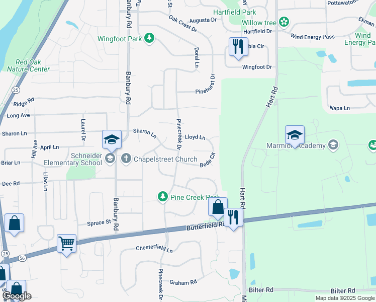 map of restaurants, bars, coffee shops, grocery stores, and more near 312 Carrie Court in North Aurora