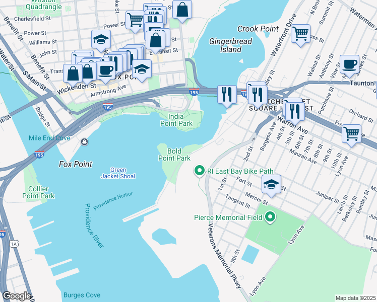 map of restaurants, bars, coffee shops, grocery stores, and more near 2 Pier Road in East Providence