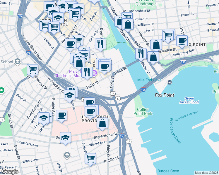 map of restaurants, bars, coffee shops, grocery stores, and more near 7 Marengo Street in Providence