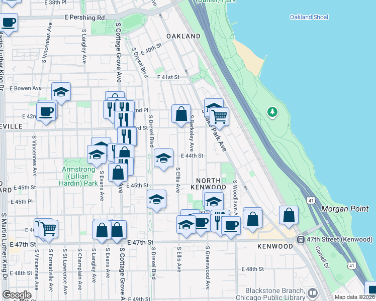 map of restaurants, bars, coffee shops, grocery stores, and more near 4337 South Ellis Avenue in Chicago