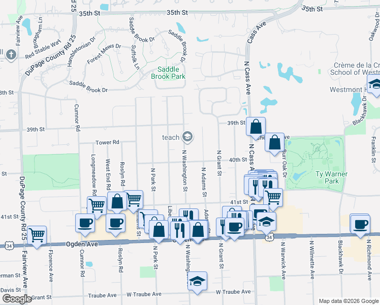 map of restaurants, bars, coffee shops, grocery stores, and more near 3920 North Adams Street in Westmont