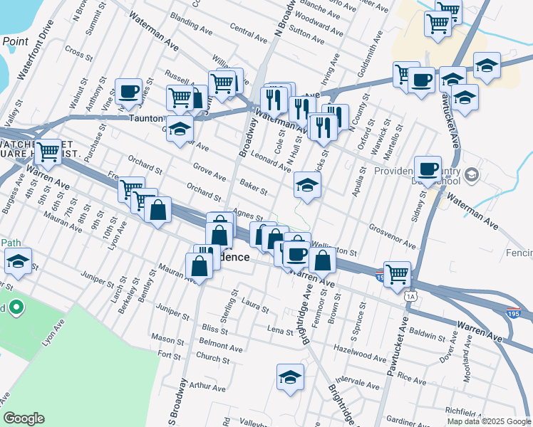 map of restaurants, bars, coffee shops, grocery stores, and more near 115 North Hull Street in East Providence