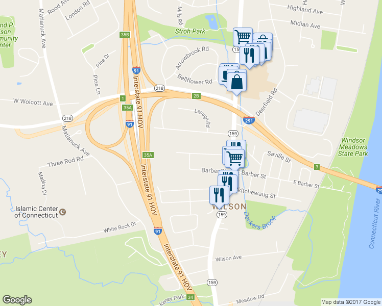 map of restaurants, bars, coffee shops, grocery stores, and more near 88 Allen Street in Windsor