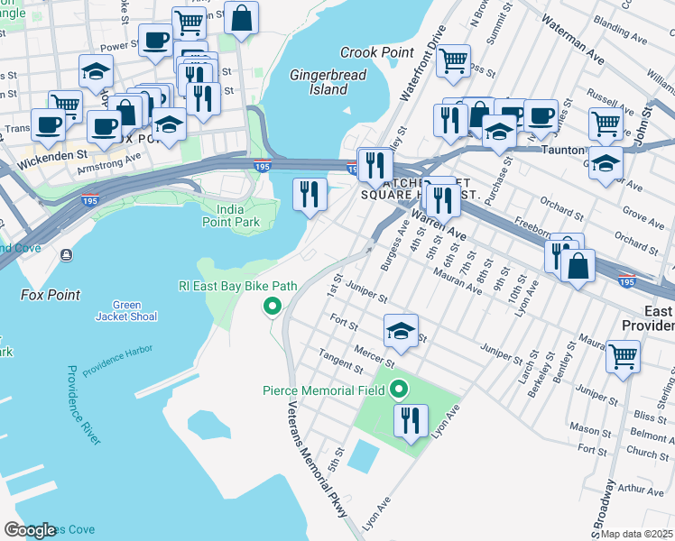 map of restaurants, bars, coffee shops, grocery stores, and more near 80 1st Street in East Providence