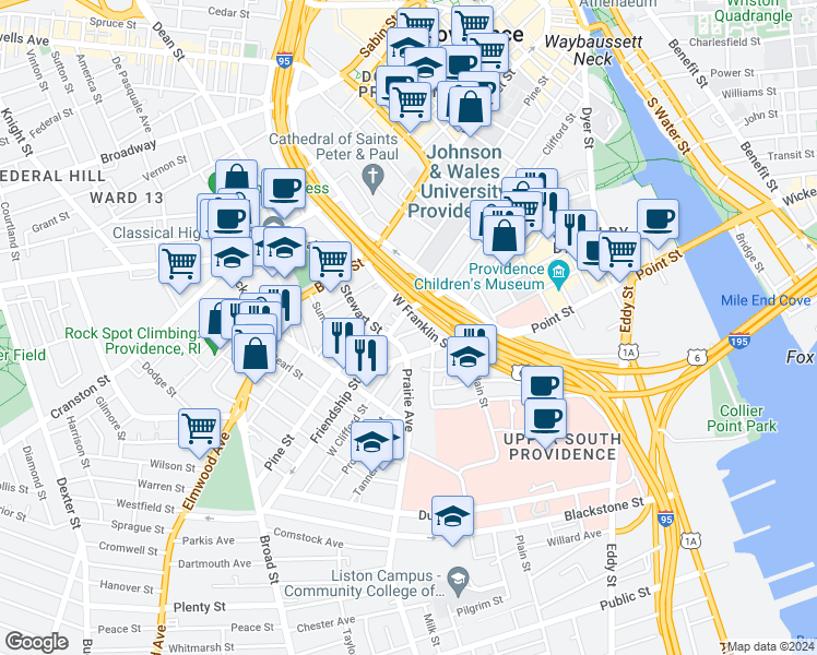 map of restaurants, bars, coffee shops, grocery stores, and more near 43 Maple Street in Providence