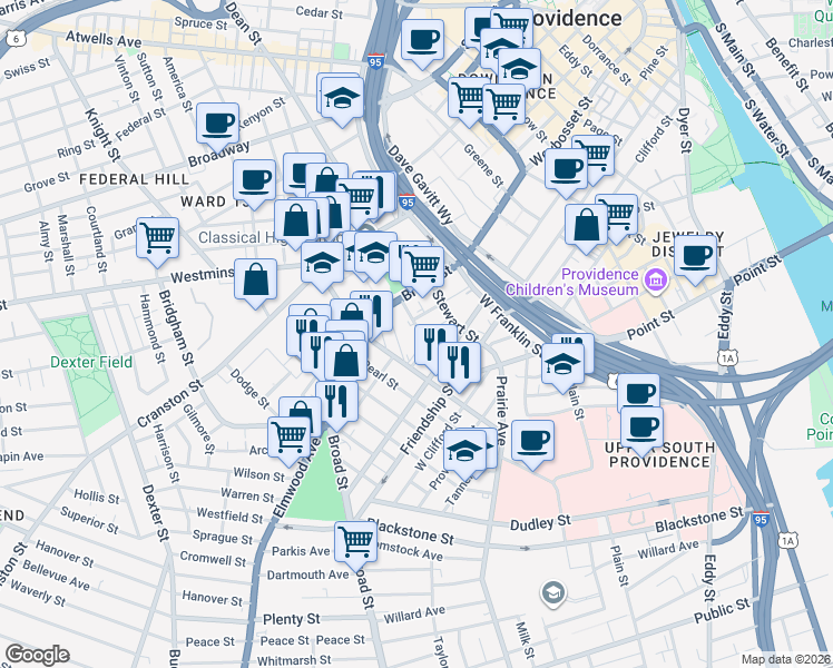 map of restaurants, bars, coffee shops, grocery stores, and more near 112 Summer Street in Providence