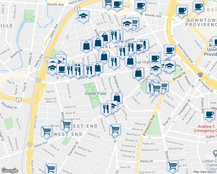 map of restaurants, bars, coffee shops, grocery stores, and more near 30 Hammond Street in Providence