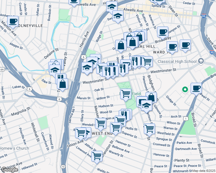 map of restaurants, bars, coffee shops, grocery stores, and more near 43 Oak Street in Providence