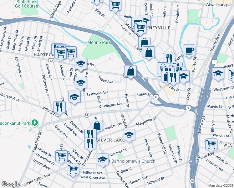 map of restaurants, bars, coffee shops, grocery stores, and more near 56 Webster Avenue in Providence