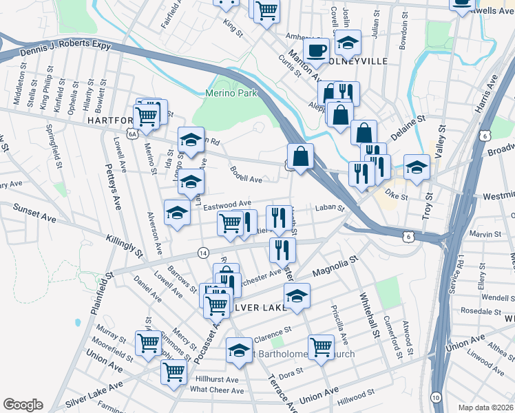 map of restaurants, bars, coffee shops, grocery stores, and more near 59 Dewey Street in Providence